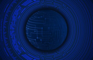 Siber devre geleceğin teknoloji konsepti, fütüristik küreye sahip soyut arkaplan, mavi arkaplan, vektör illüstrasyonu