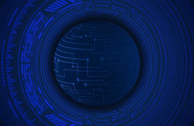 Siber devre geleceğin teknoloji konsepti, fütüristik küreye sahip soyut arkaplan, mavi arkaplan, vektör illüstrasyonu