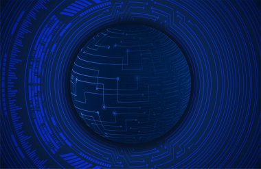 Siber devre geleceğin teknoloji konsepti, fütüristik küreye sahip soyut arkaplan, mavi arkaplan, vektör illüstrasyonu