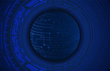 Siber devre geleceğin teknoloji konsepti, fütüristik küreye sahip soyut arkaplan, mavi arkaplan, vektör illüstrasyonu