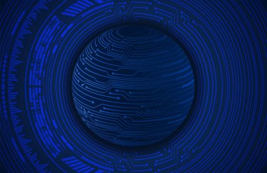 Siber devre geleceğin teknoloji konsepti, fütüristik küreye sahip soyut arkaplan, mavi arkaplan, vektör illüstrasyonu