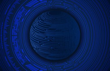 Siber devre geleceğin teknoloji konsepti, fütüristik küreye sahip soyut arkaplan, mavi arkaplan, vektör illüstrasyonu