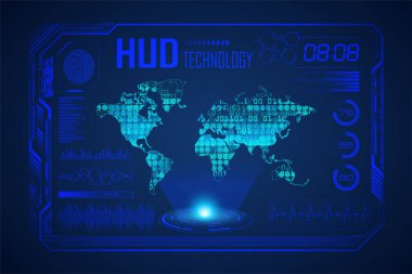 Hud arayüzü ile geleceksel kaplama arayüzü. Sanal gerçeklikle ilgili teknoloji konseptiyle arayüzün teknoloji arkaplanı. sanal teknoloji.