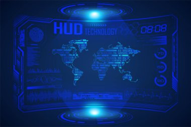 Fütürist sanal gövde arayüzü, hud kullanıcı arayüzü. Vektör çizimi. Hud teknolojisi geçmişi. Sanal dünya haritası. Hud ekran ile hud arayüzü. Merhaba.