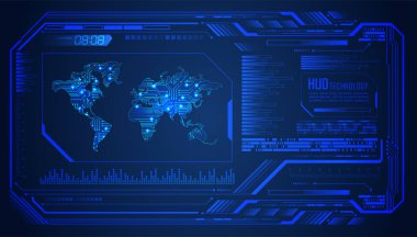 HUD dünya devre kartı gelecek teknolojisi, mavi hud siber güvenlik kavramı arka plan