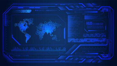 HUD dünya devre kartı gelecek teknolojisi, mavi hud siber güvenlik kavramı arka plan