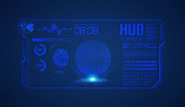 Hud Hud 'un gelecekteki arayüzü. Hud arayüzü. Hologramla geleceksel hud arayüzü. Fütürist arayüz. Hud arayüz gövdesi. Merhaba - fi hud