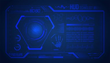 Mavi holografik ekran, hud gövde arayüzü, gelecekteki teknoloji arayüzü, gelecekteki teknoloji, dijital temas, gelecekteki hud
