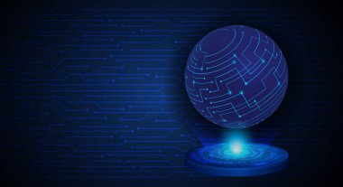 Koyu mavi arkaplanda dijital devresi olan toprak küresi 