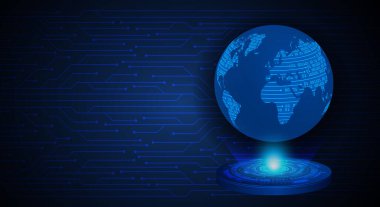 Koyu mavi arkaplanda dijital devresi olan toprak küresi 