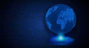 Koyu mavi arkaplanda dijital devresi olan toprak küresi 