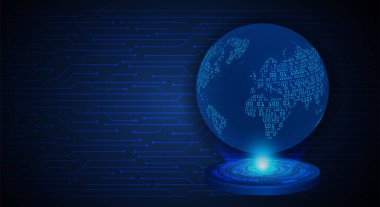 Koyu mavi arkaplanda dijital devresi olan toprak küresi 