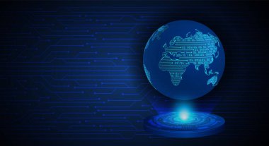 Koyu mavi arkaplanda dijital devresi olan toprak küresi 