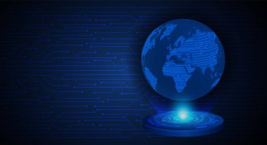 Koyu mavi arkaplanda dijital devresi olan toprak küresi 