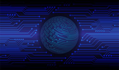 Koyu mavi arkaplanda dijital devresi olan toprak küresi 