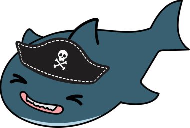 Korsan şapkalı köpek balığı karakteri, beyaz arkaplanda illüstrasyon