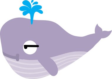 Tatlı çizgi film balinası beyaz arka planda fışkırıyor.