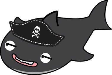 Korsan şapkalı köpek balığı karakteri, beyaz arkaplanda illüstrasyon