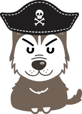 Beyaz arka planda izole edilmiş korsan şapkalı çizgi film köpeği.