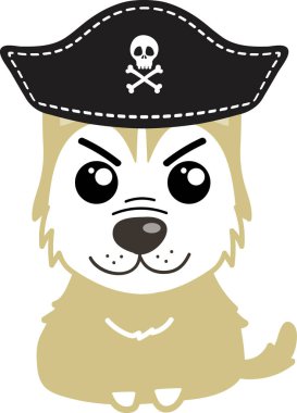 Beyaz arka planda izole edilmiş korsan şapkalı çizgi film köpeği.