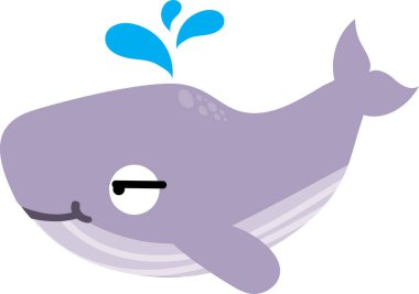 Sevimli karikatür balinası beyaz arka planda fışkırır.