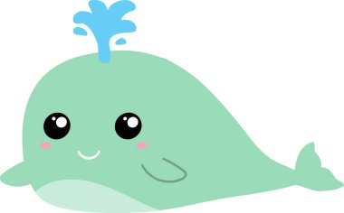 Sevimli karikatür balinası beyaz arka planda fışkırır.