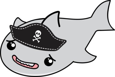 Korsan şapkalı köpek balığı karakteri, beyaz arkaplanda illüstrasyon