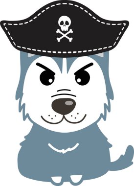 Beyaz arka planda izole edilmiş korsan şapkalı çizgi film köpeği.