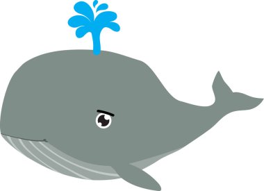 Tatlı çizgi film balinası beyaz arka planda fışkırıyor.