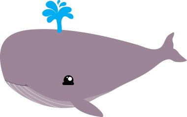 Tatlı çizgi film balinası beyaz arka planda fışkırıyor.