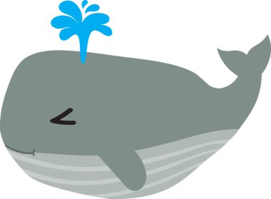 Tatlı çizgi film balinası beyaz arka planda fışkırıyor.