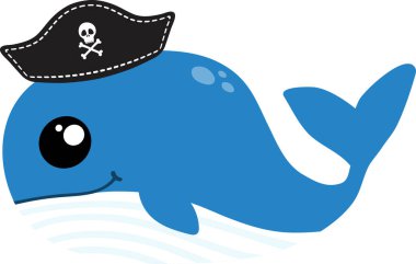 Korsan şapkalı komik balina beyaz arka planda