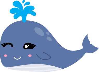 Tatlı çizgi film balinası beyaz arka planda fışkırıyor.