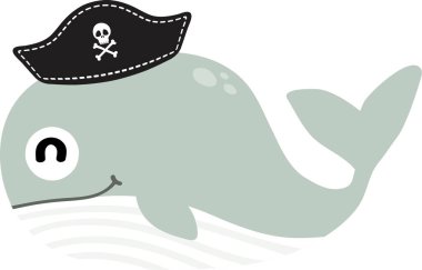 Korsan şapkalı komik balina beyaz arka planda