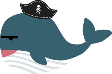 Korsan şapkalı komik balina beyaz arka planda
