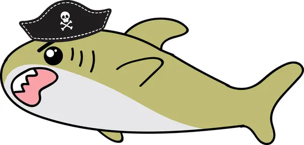 cartoon shark character in pirates hat, illustration on white background