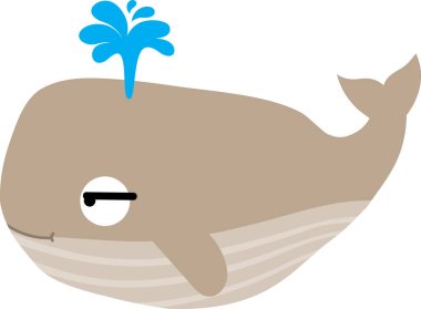 Komik karikatür balinası beyaz arka planda fışkırır.