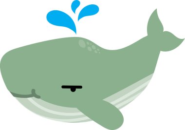 Komik karikatür balinası beyaz arka planda fışkırır.