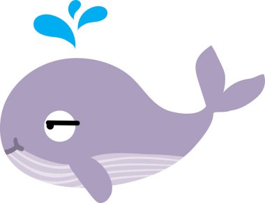 Komik karikatür balinası beyaz arka planda fışkırır.