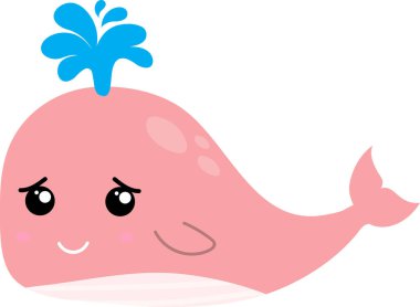 Komik karikatür balinası beyaz arka planda fışkırır.