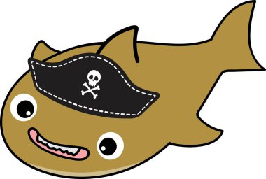 Korsan şapkalı köpek balığı karakteri, beyaz arkaplanda illüstrasyon