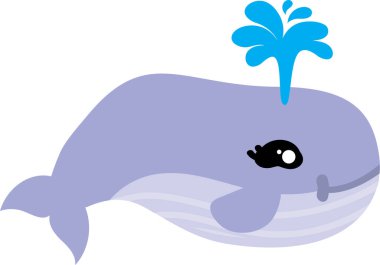 Komik karikatür balinası beyaz arka planda fışkırır.