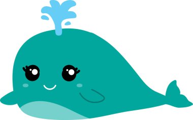 Komik karikatür balinası beyaz arka planda fışkırır.