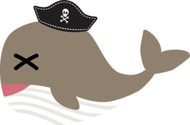 Korsan şapkalı sevimli deniz balinası, beyaz arkaplanda illüstrasyon