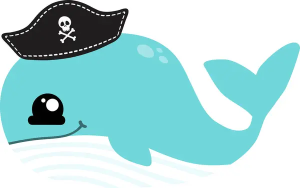 头戴海盗帽的可爱卡通海鲸 白色背景图解 — 图库照片