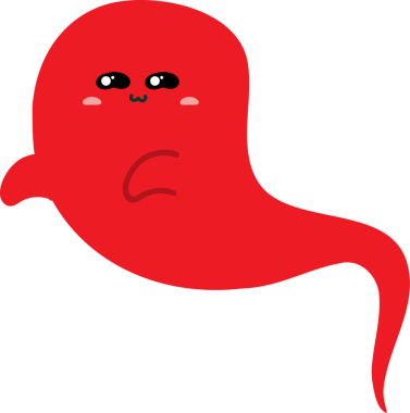 Büyük gözleri ve kırmızı gülüşü olan sevimli kırmızı çizgi film canavarı.