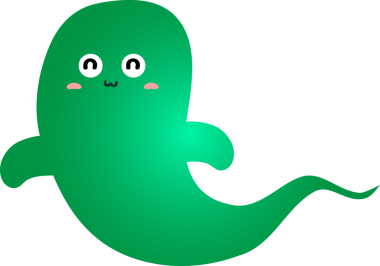 Yüzünde gülümseme olan sevimli yeşil çizgi film hayaletinin vektör çizimi, vektör. beyaz üzerine izole.