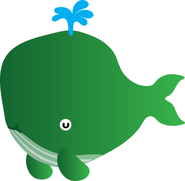 Beyaz arka planda büyük yeşil yaprak çizimi olan şirin yeşil balina..