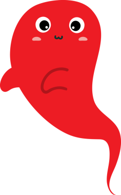 Beyaz arkaplanda izole edilmiş sevimli kırmızı hayalet çizgi film karakteri