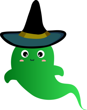 Şapkalı ve hayaletli şirin yeşil kurbağa. Çizgi film vektör çizimi. düz dizayn